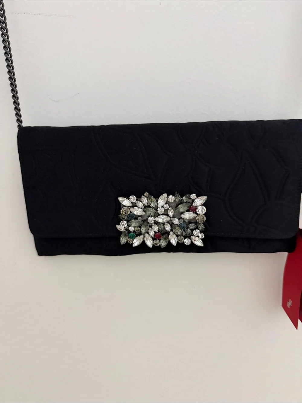 Carolina Herrera Black Quilted Crossbody with Crystal Brooch and Red Tassel